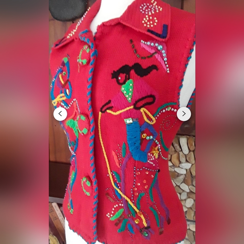 SM/MED Vintage Michael Simon Red Beaded Rodeo-theme Vest - Picture 3 of 7